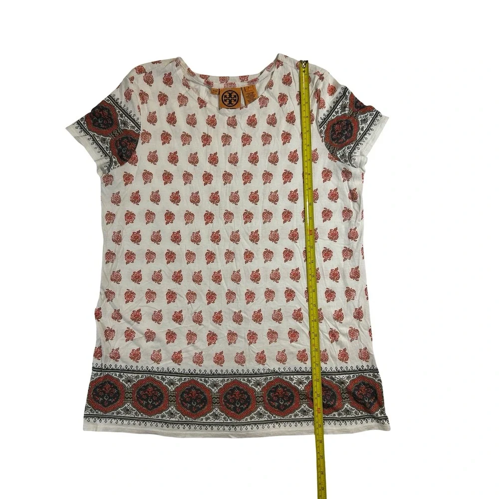 Tory Burch Womens Pima Cotton Modal Floral Block Print Tee Shirt Red White S